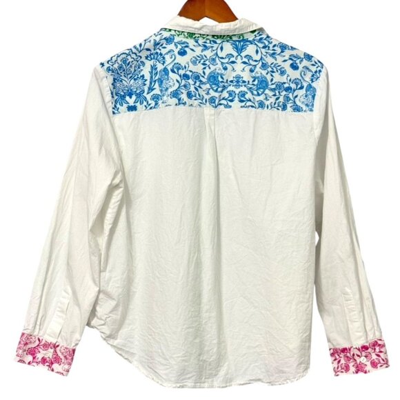 Roberta Roller Rabbit Button Down Shirt Cotton White Floral Tropical EUC Size L - Picture 4 of 9